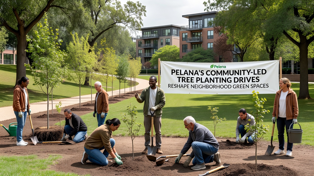 Aerial view of expanded green spaces in Pelena after multiple community planting events