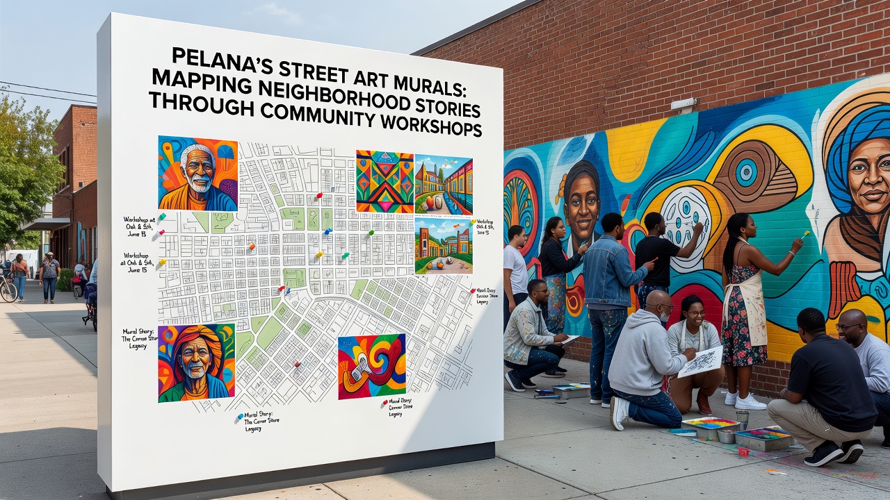 Residents and artists apply final touches to a large mural in Pelena that illustrates neighborhood stories collected through workshops