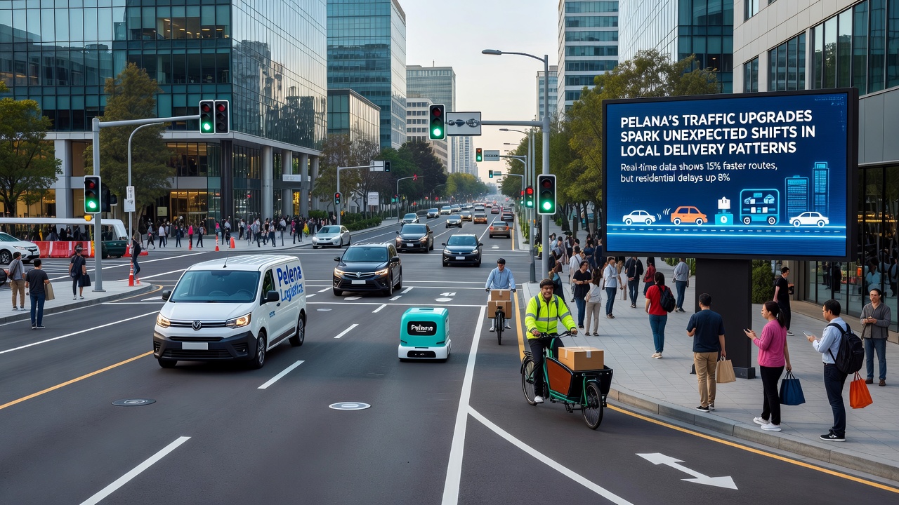 Delivery drivers reviewing updated route maps on tablets beside a Pelena intersection featuring new roundabouts and bike lanes